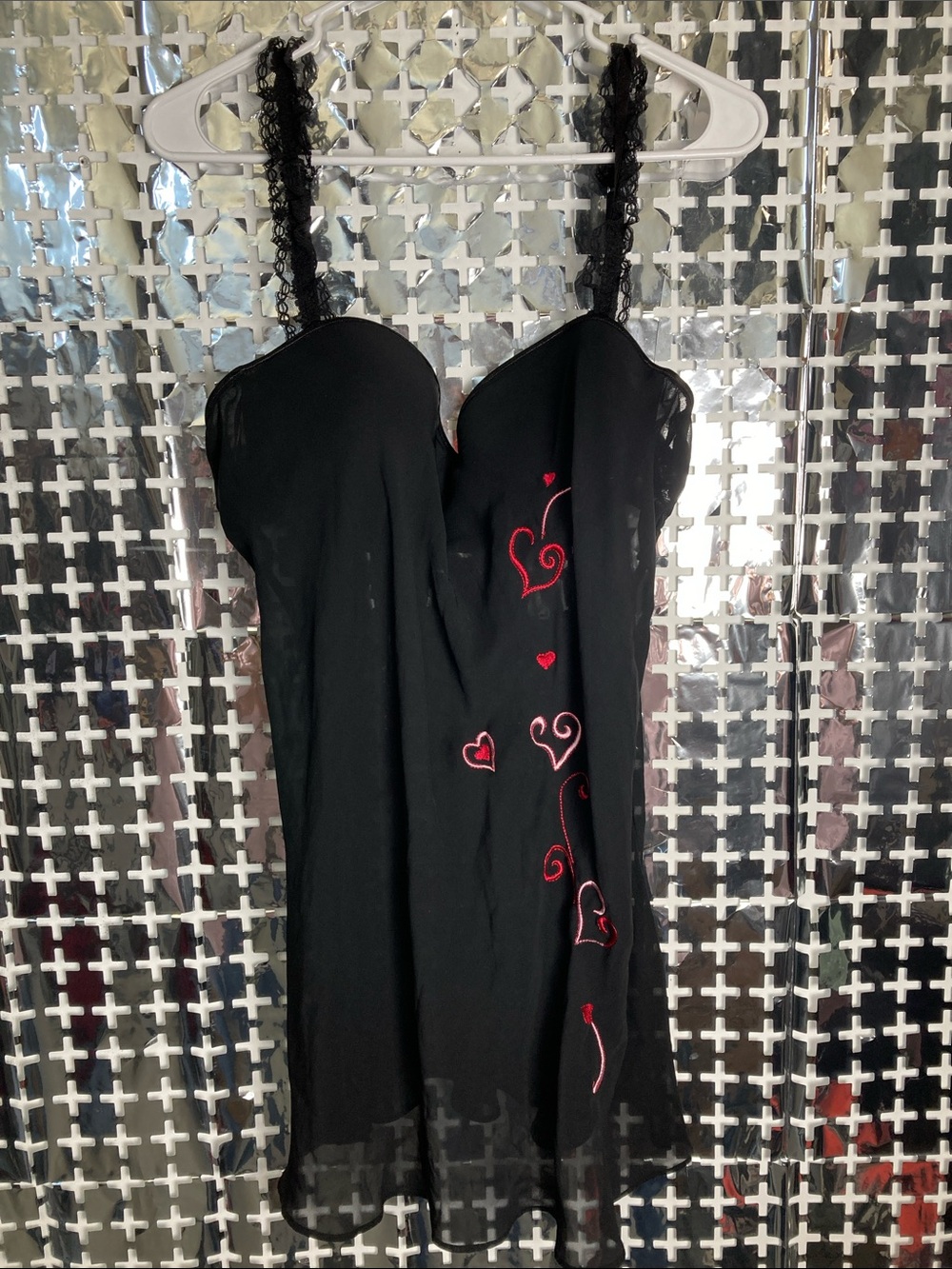 Linea Donatella Black Slip Dress with Red Heart Accents
